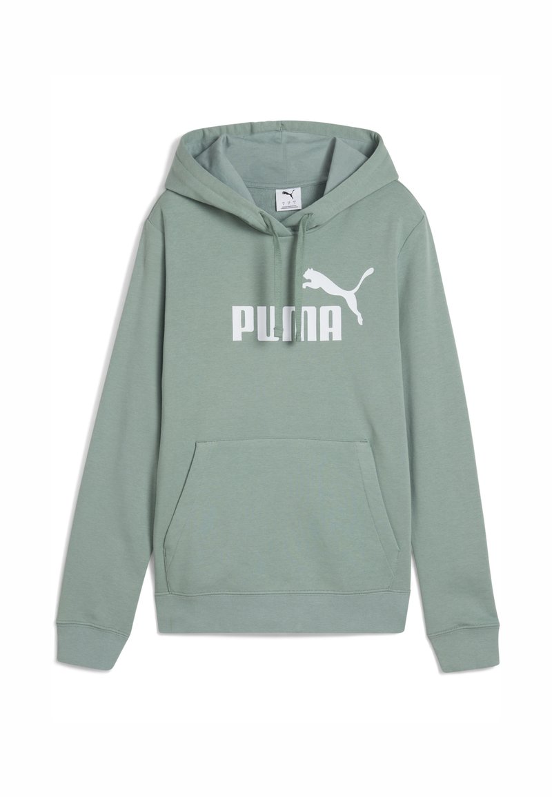Felpa con cappuccio in morbido tessuto verde chiaro, dotata di tasca a marsupio e grande logo bianco "PUMA" con grafica di un puma in salto.