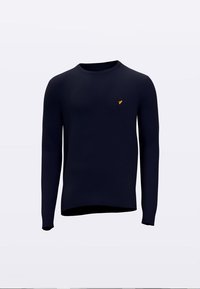 Merensininen ribbineulottu pitkähihainen neule pyöreällä pääntiellä ja pienellä keltaisella logovärillä rinnassa. Tasainen pinta ja istuva malli.