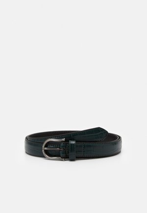 Dark green leather belt with a crocodile texture, silver metal buckle, and stitched edges, coiled on a white background.