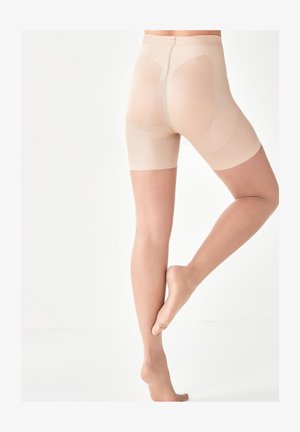 Nude compression shorts with a smooth, sheer texture, featuring a mid-thigh cut and a subtle supportive panel in the back.