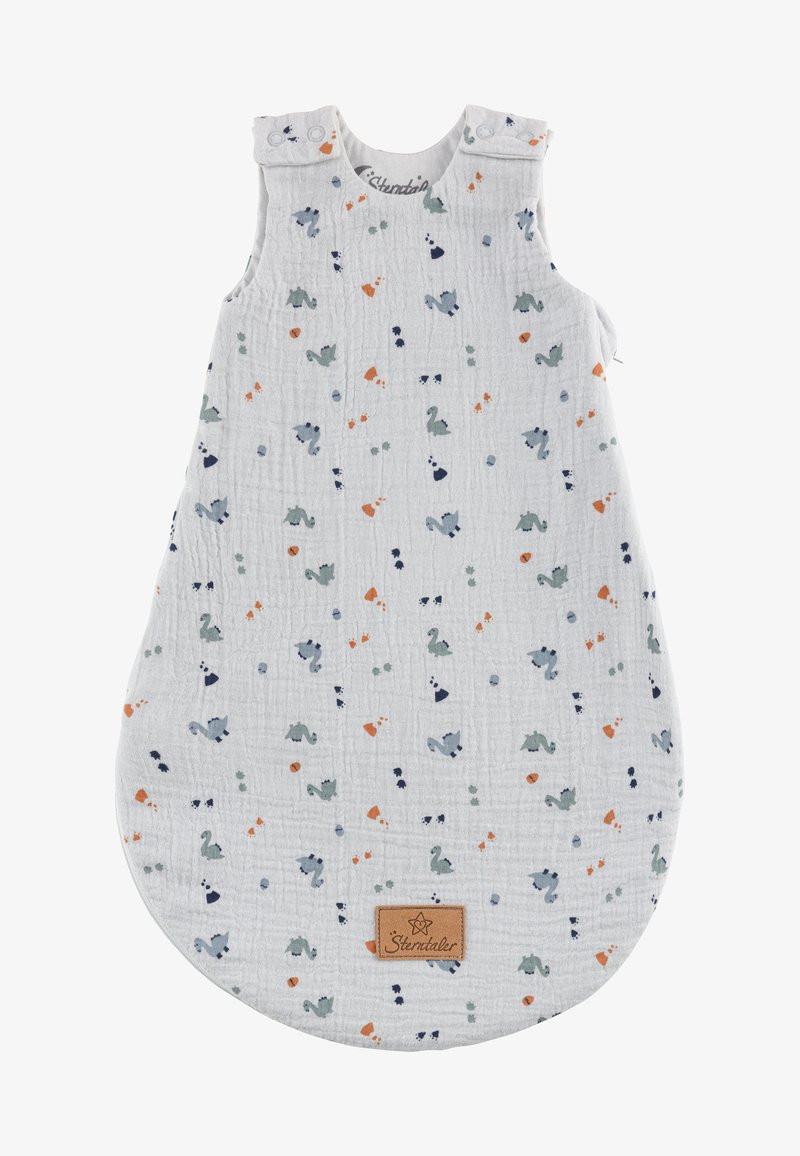 Cotton sleep sack in light gray with multicolored animal prints. Features snap closures at shoulders and a textured, quilted surface.