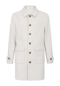 Lys beige uldfrakke med krave, front lukning med knapper, to påsyede lommer og manchetter med opfoldede ærmer, med brune knapper.