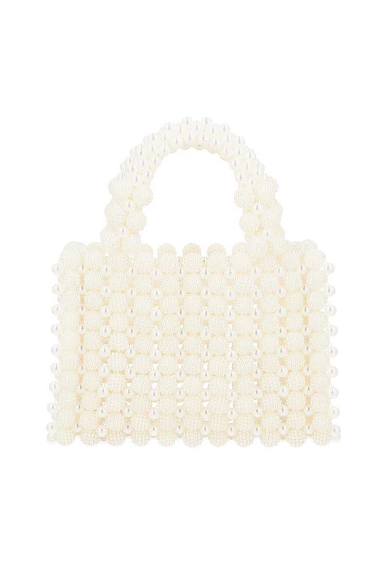 Borsa a perline bianche con superficie decorata, manico arrotondato e forma rettangolare strutturata, con dettagli simili a perle in tutto il suo design.