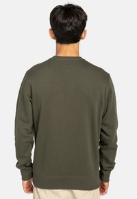 Uomo con i capelli scuri che indossa una felpa a maniche lunghe verde oliva e pantaloni beige, visto di spalle su uno sfondo semplice.