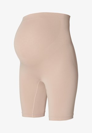 Schwangerschaftsshorts in hellbeige, aus dehnbarem Stoff. Hoher Bund für zusätzlichen Halt, glatte Textur, Beinhöhe bis zur Mitte des Oberschenkels.