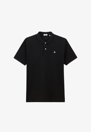 Black short-sleeve polo shirt with two white buttons, a collar, and a small circular logo on the left chest.