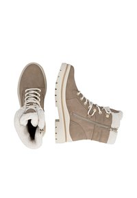 Braune Wildleder-Stiefeletten mit weißem Plüschfutter, beiger Sohle und Schnürdesign. Mit einem seitlichen Reißverschluss und einer strukturierten Zehenkappe.