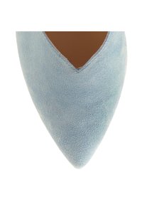 Light blue suede high heel shoe with a pointed toe and a V-cut design. Smooth texture with a brown interior lining.