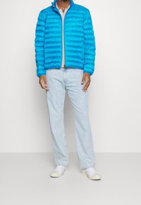 Giacca puffa blu con colletto alto, texture trapuntata, zip frontale e tasche laterali, indossata sopra una maglietta grigia chiara e pantaloni in denim chiaro.