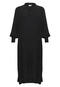 Black dress made of lightweight fabric, featuring a V-neck, gathered shoulders, and balloon sleeves with fitted cuffs. Long, straight silhouette.