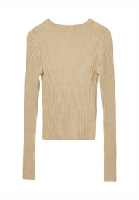Beige, gerippter Strickpullover mit langen Ärmeln und einem leicht verkürzten Schnitt, von hinten gezeigt.