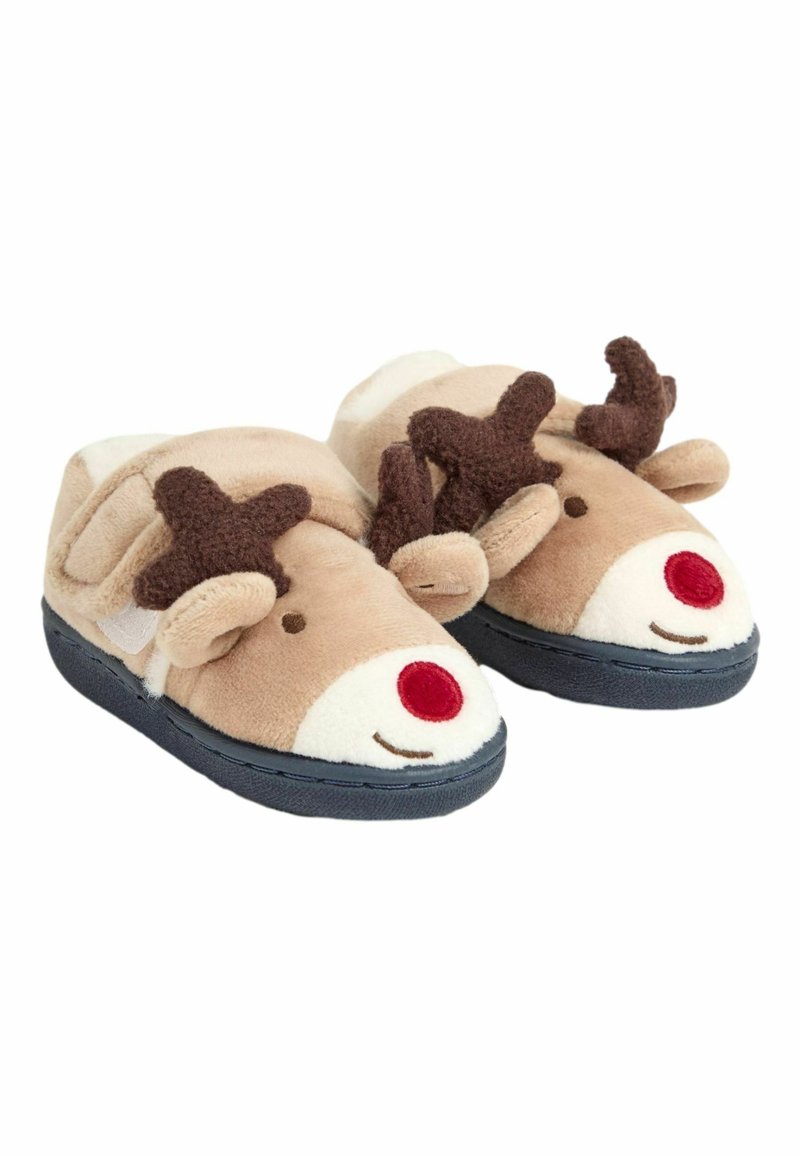 Pantofole di renna in peluche marrone con naso rosso, faccia sorridente e corna marroni; texture morbida e suola in gomma scura. Chiusura in Velcro sul lato.