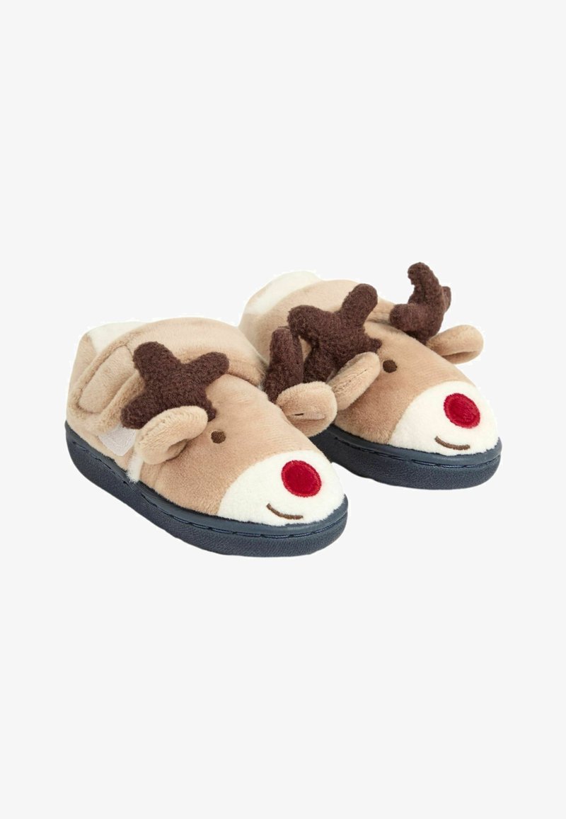 Bruna plysch-julklappar med röd näsa, leende ansikte och bruna horn; mjuk textur och mörk gummisula. Kardborrestängning på sidan.