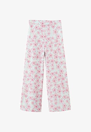 Pantalon large à fleurs bleu clair, orné de motifs de fleurs roses et de feuilles. Fabriqué en tissu léger, avec une silhouette ample et fluide.