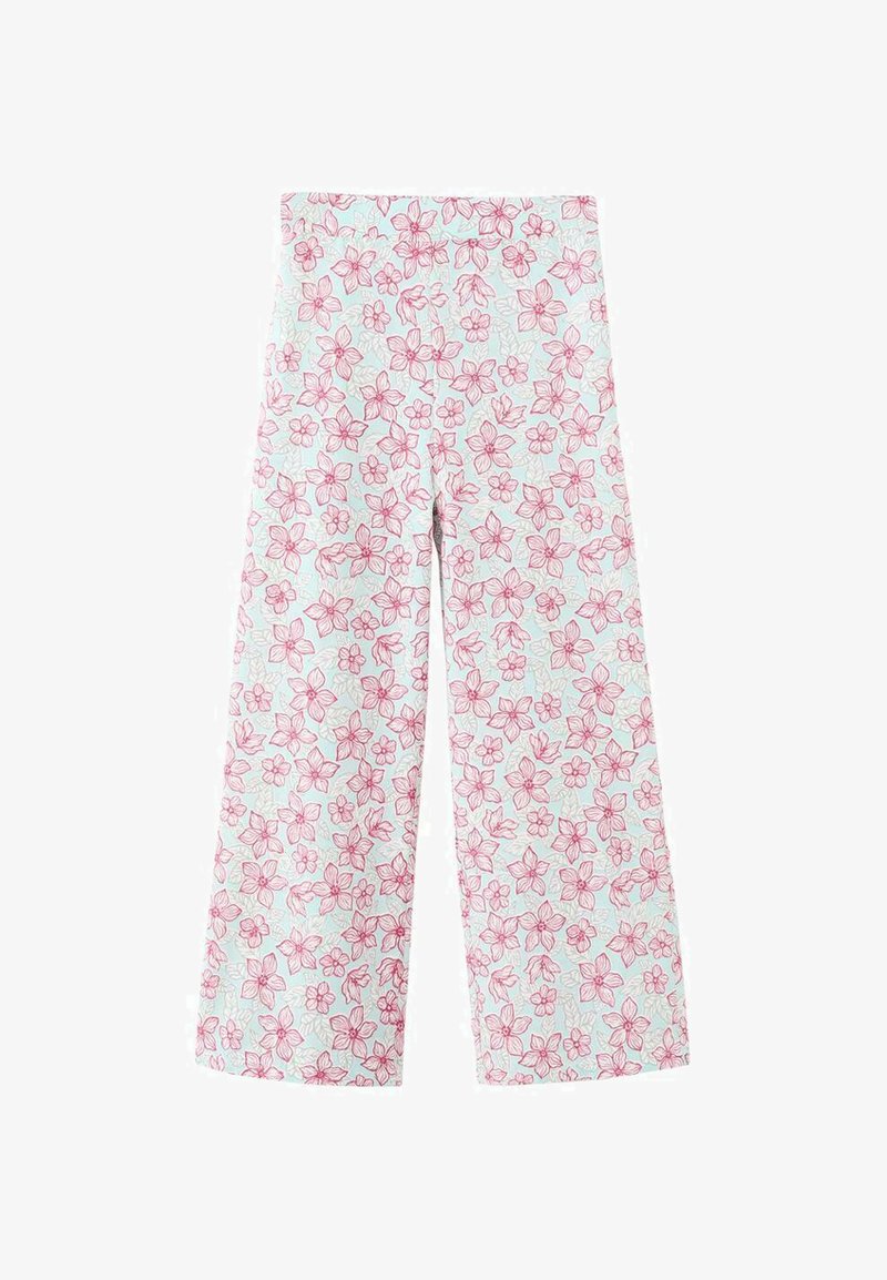 Pantalon large à fleurs bleu clair, orné de motifs de fleurs roses et de feuilles. Fabriqué en tissu léger, avec une silhouette ample et fluide.