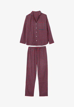 Set di pigiama a quadri rossi e verdi con camicia a maniche lunghe con bottoni e taschino sul petto e pantaloni con vita elastica e coulisse. Tessuto in cotone.