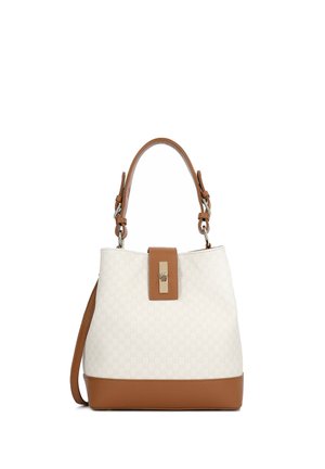 White handbag with a textured finish, brown leather accents, dual top handles, and a gold-tone clasp. Features a structured shape.