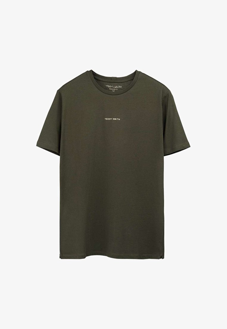 T-shirt vert foncé à manches courtes avec "TEDDY SMITH" imprimé en petites lettres claires sur la poitrine, coupe régulière, encolure ronde.