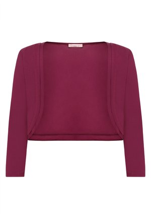 Deep magenta open-front cropped cardigan with long sleeves, smooth fabric, and a rounded neckline.