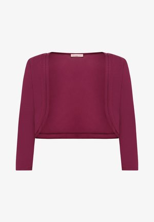 Tief magentafarbener, offen vorn geschnittener Kurzarmpullover mit langen Ärmeln, glattem Stoff und abgerundetem Ausschnitt.