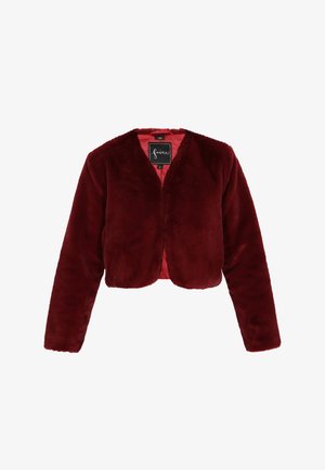Cropped jacket in deep red faux fur, featuring long sleeves and a V-neck design with a front closure. Soft texture and smooth finish.