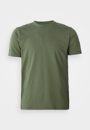 Olive green T-shirt made of smooth fabric, featuring a round neck, short sleeves, and a small EA7 logo in darker green on the chest.