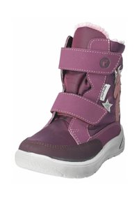 Bota de tela morada con correas de Velcro; borde de piel sintética color rosa claro; acentos de estrella plateada y hombre de jengibre; suela de goma blanca con textura.