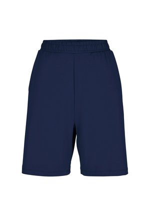 Granatowe szorty z elastycznym pasem, luźnym krojem, do kolan, bez widocznych logo lub wzorów.