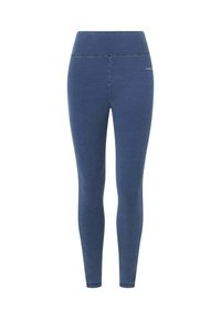 Leggings azules hechos de tejido elástico, con una cintura alta, diseño elegante y detalle de costura mínima a lo largo de los lados.
