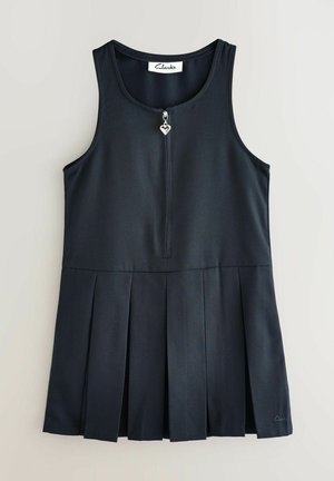 Czarna sukienka bez rękawów z plisowanym dołem, z zamkiem błyskawicznym z przodu i serduszkowym zawieszką. Wykonana z gładkiej tkaniny z dopasowanym gorsetem.