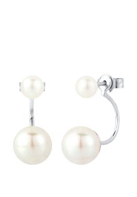 Perlenohrringe mit Tropfen-Design. Besteht aus weißen, glatten Perlen und einer glänzenden Silbermetallfassung. Enthält einen gebogenen Stecker für einen sicheren Sitz.