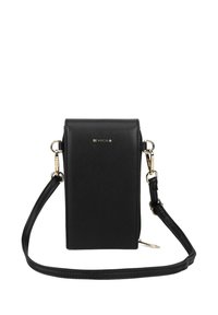 Černá kabelka přes rameno vyrobená z texturované umělé kůže. Disponuje zipovým uzávěrem, zlatými kovovými detaily a nastavitelným popruhem. Kompaktní obdélníkový tvar.