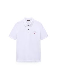 Hvid polo skjorte lavet af bomuld, med krave, tre-knaps slids og et lille logo samt tekstdetalje på venstre side.