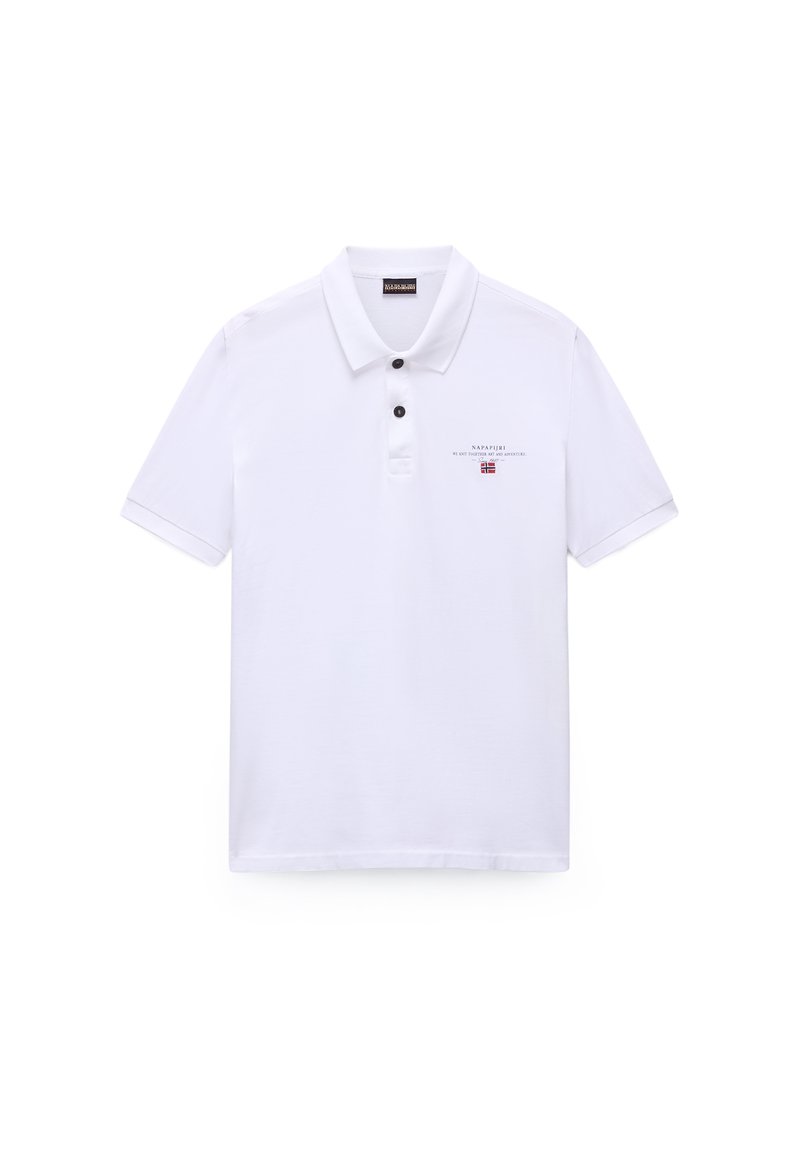 Hvid polo skjorte lavet af bomuld, med krave, tre-knaps slids og et lille logo samt tekstdetalje på venstre side.