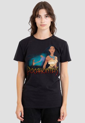 Black cotton t-shirt featuring a colorful graphic of Pocahontas with a blue background, large title text below, and a relaxed fit design.