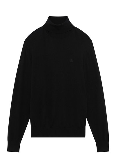 Jersey negro de cuello alto hecho de un material de punto suave. Cuenta con mangas largas, puños ajustados y un sutil detalle del logo en el pecho.