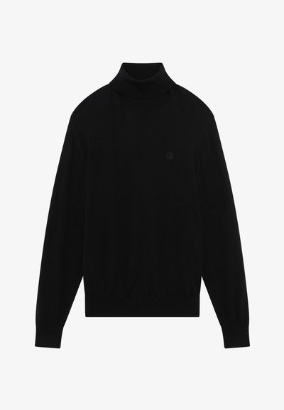 Schwarzer Rollkragenpullover aus weichem Strickmaterial. Mit langen Ärmeln, eng anliegenden Bündchen und dezentem Logo-Detail auf der Brust.