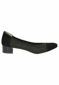 Scarpa nera con tacco basso caratterizzata da un corpo tessuto textures e una punta in suede liscia, con un tacco in plastica nera elegante e un design aperto.