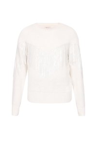 Maglione bianco con una texture morbida, caratterizzato da un design a forma di V con dettagli in frange argentate sul petto e sulle maniche.