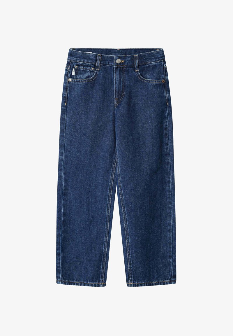 Tamsiai mėlynos džinsinės kelnės su tiesiomis kojomis, turinčios užpakalines ir priekines kišenes, diržo kilpas ir tvirtą metalinį mygtuko užsegimą.