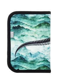 Zippered pouch featuring a green and blue mountain landscape design with a black fern pattern and black zipper trim. Durable fabric construction.