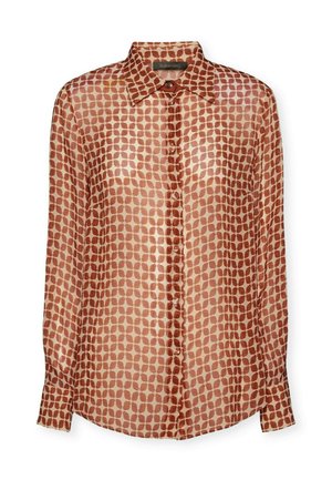 Blusa a maniche lunghe in tessuto leggero color marrone chiaro con motivo a pois in marrone scuro. Collo classico, chiusura con bottoni e maniche con polsini.