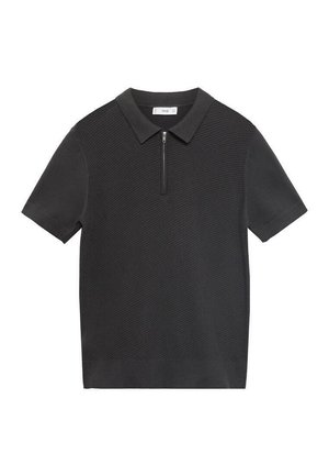 Short-sleeve black polo shirt with a textured design, featuring a zip neck, a classic collar, and a straight hem.