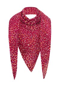 Foulard triangulaire rouge avec un motif à pois multicolores de teintes blanches, roses, jaunes et violettes sur fond blanc.