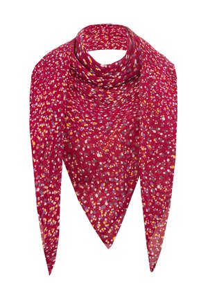 Foulard triangulaire rouge avec un motif à pois multicolores de teintes blanches, roses, jaunes et violettes sur fond blanc.