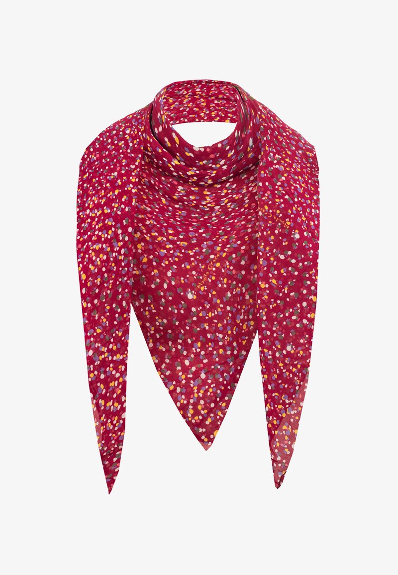 Foulard triangulaire rouge avec un motif à pois multicolores de teintes blanches, roses, jaunes et violettes sur fond blanc.
