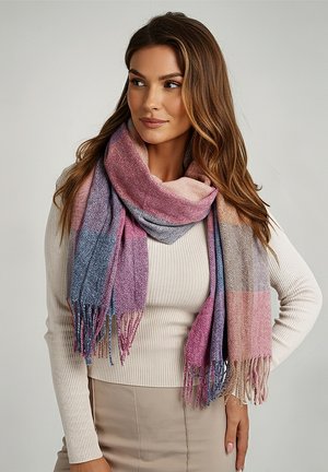 Pink and blue plaid scarf with frayed edges, made of soft fabric. The design features horizontal stripes in a gradient pattern.