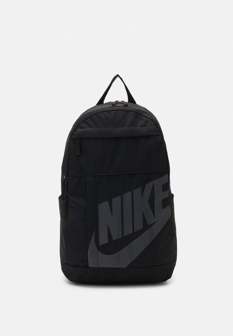 Black backpack with a rounded shape, made from durable fabric. Features a large gray Nike logo and a top zip closure. Simple design, no patterns.