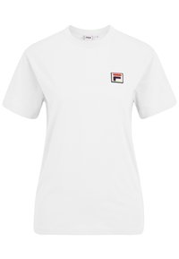 Witte katoen t-shirt met korte mouwen en een ronde hals, voorzien van een klein geborduurd logo in rood, blauw en wit op de borst.