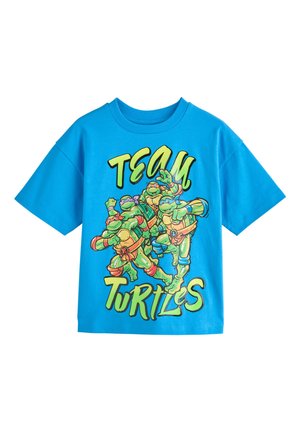 Blå kortærmet skjorte med farverige Teenage Mutant Ninja Turtles og grøn tekst "Team Turtles" foran.